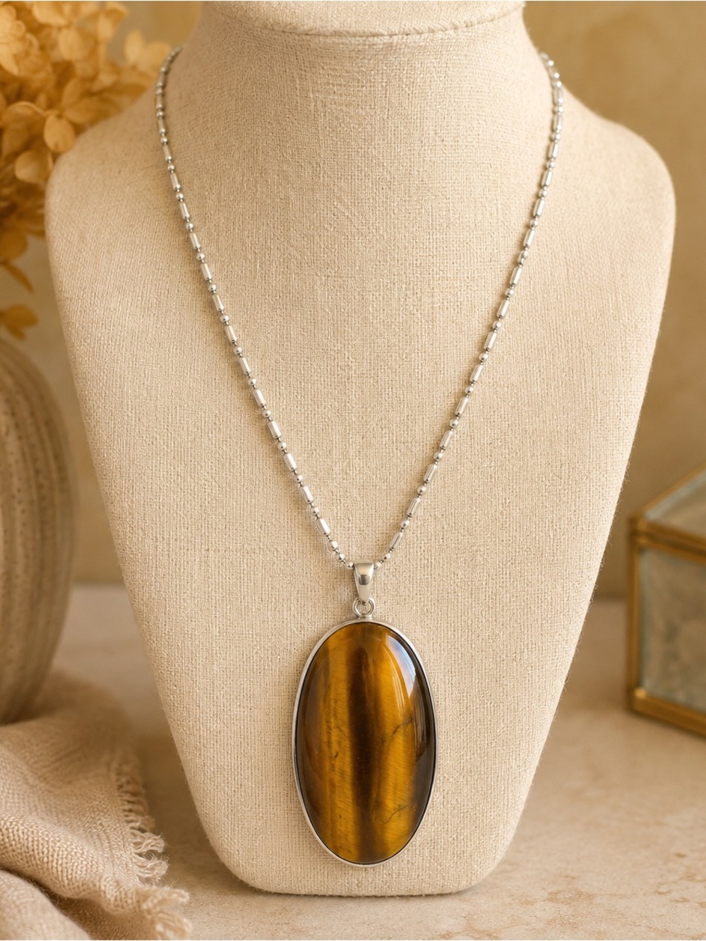 925 Sterling Silver Tiger’s Eye Pendant Italian Chain Necklace 17.5”
